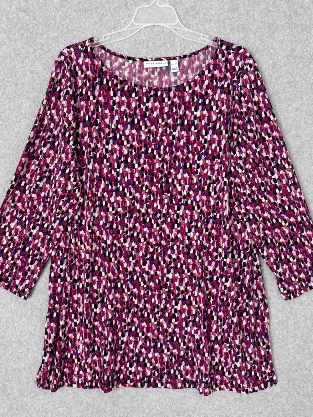 Susan Graver Liquid Knit Tunic Top Purple Pink Abstract Print 3/4 Sleeve  XL